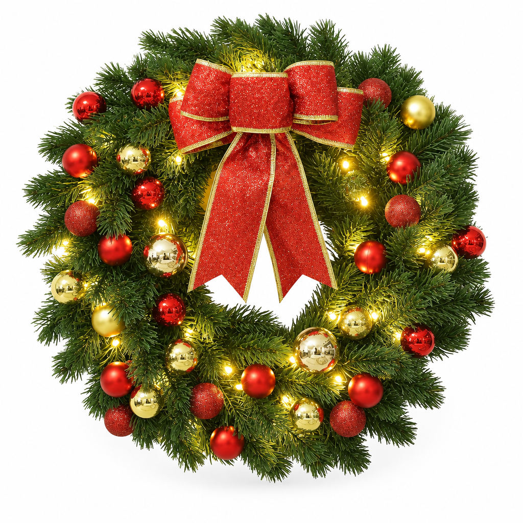 Pre-Lit Wreath with Red Bow & Ornaments – 16 in — product