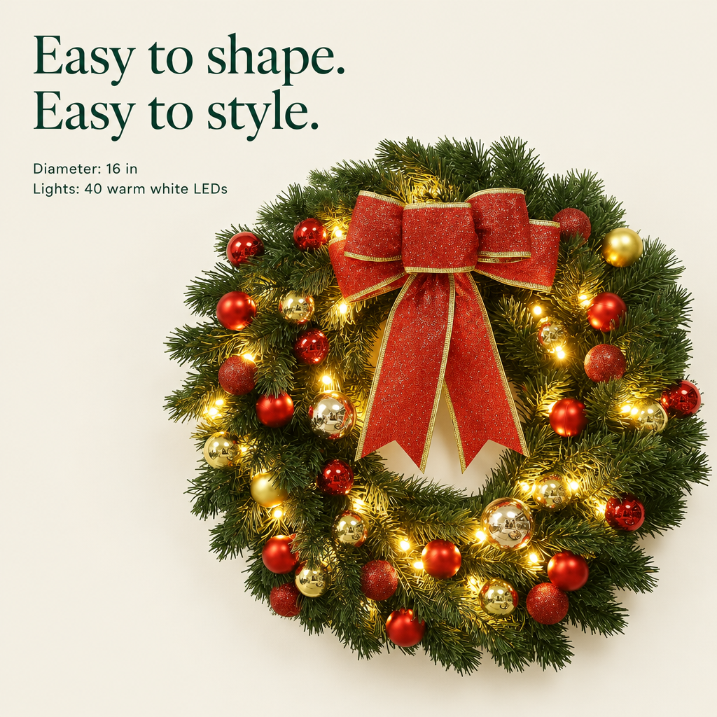 Pre-Lit Wreath with Red Bow & Ornaments – 16 in — details