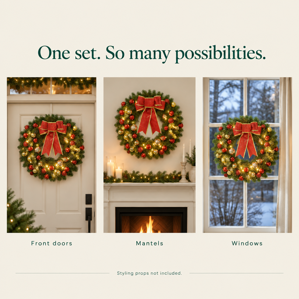 Pre-Lit Wreath with Red Bow & Ornaments – 16 in — possibilities