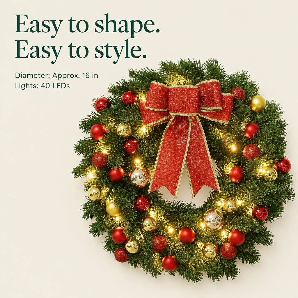 Pre-Lit Ornament Wreath with Bow – 16 in — details