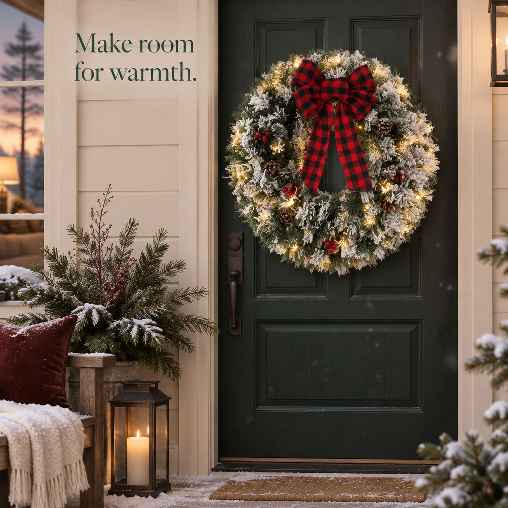Pre-Lit Snowy Flocked Wreath with Timer – 24 in — in use