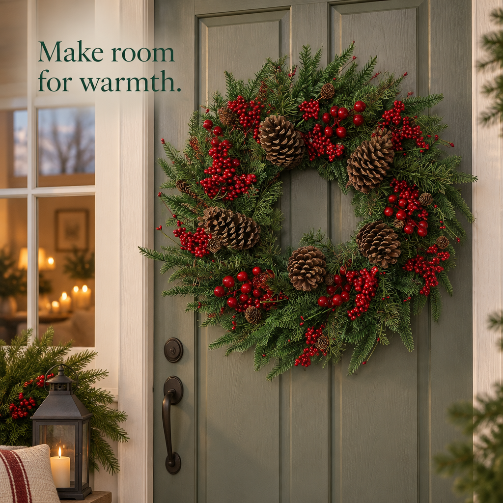 Norfolk Pine & Red Berry Wreath – 22 in — in use