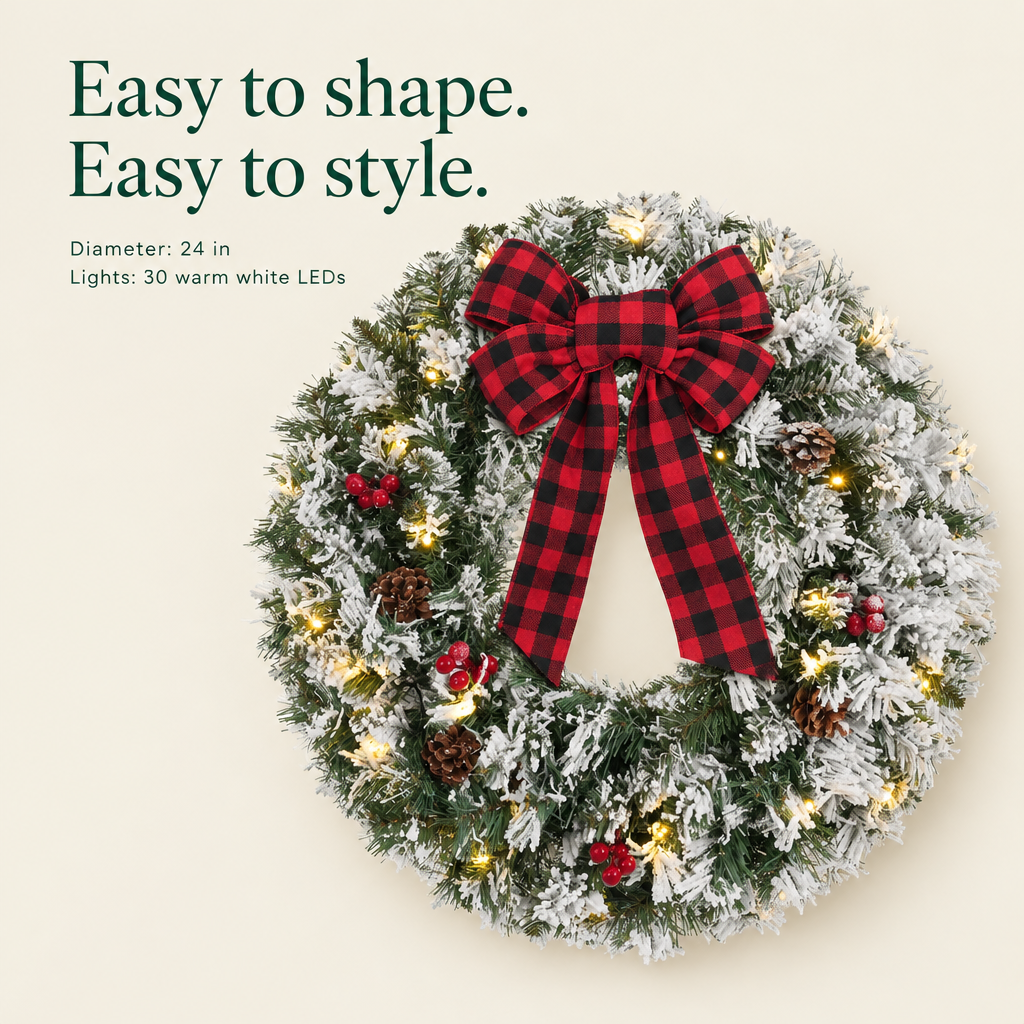 Pre-Lit Snowy Flocked Wreath with Timer – 24 in — details