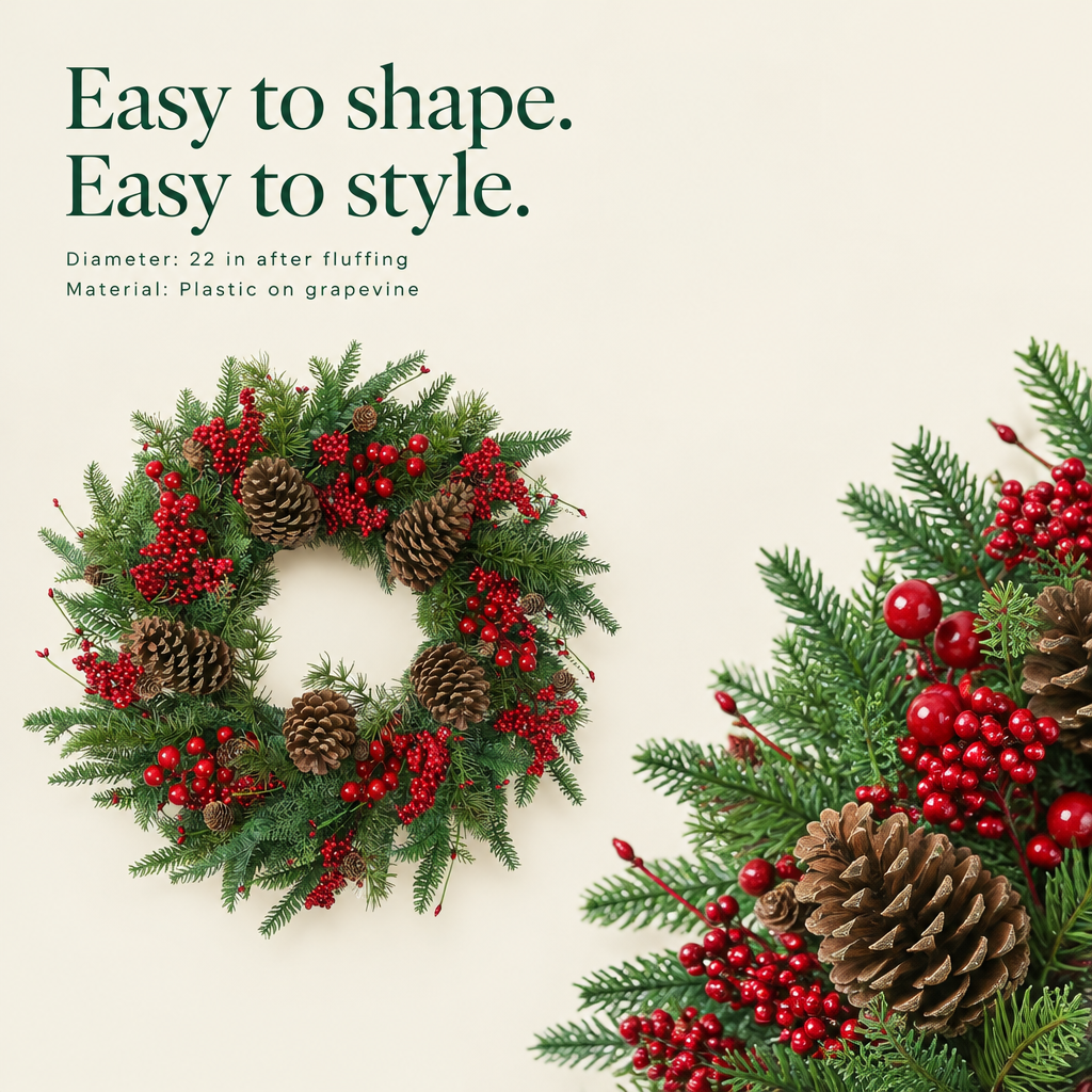 Norfolk Pine & Red Berry Wreath – 22 in — details