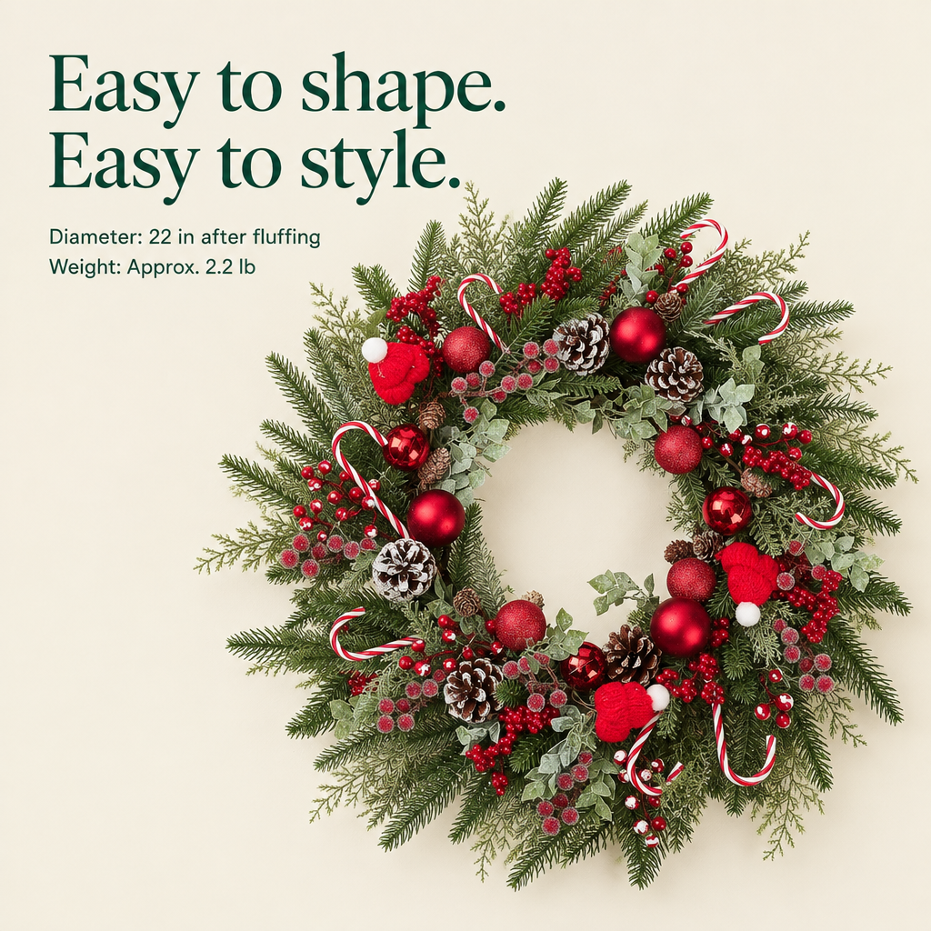 Candy Cane & Red Ball Wreath – 22 in — details