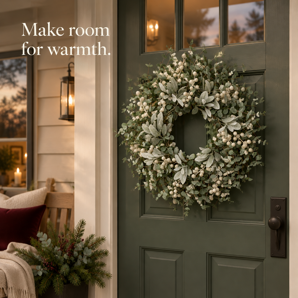 Boxwood Wreath with Flocked Lamb's Ear – 22 in — in use