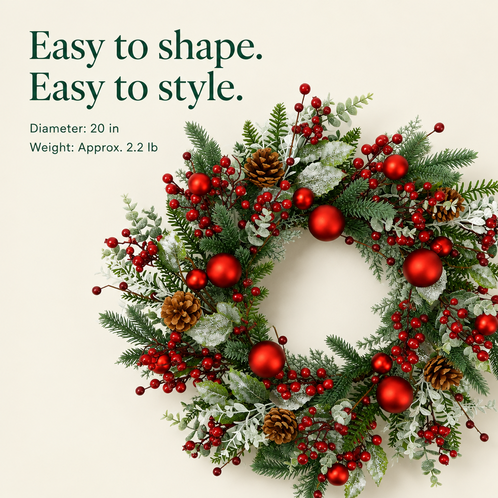 Red Ball & Berry Winter Wreath – 20 in — details