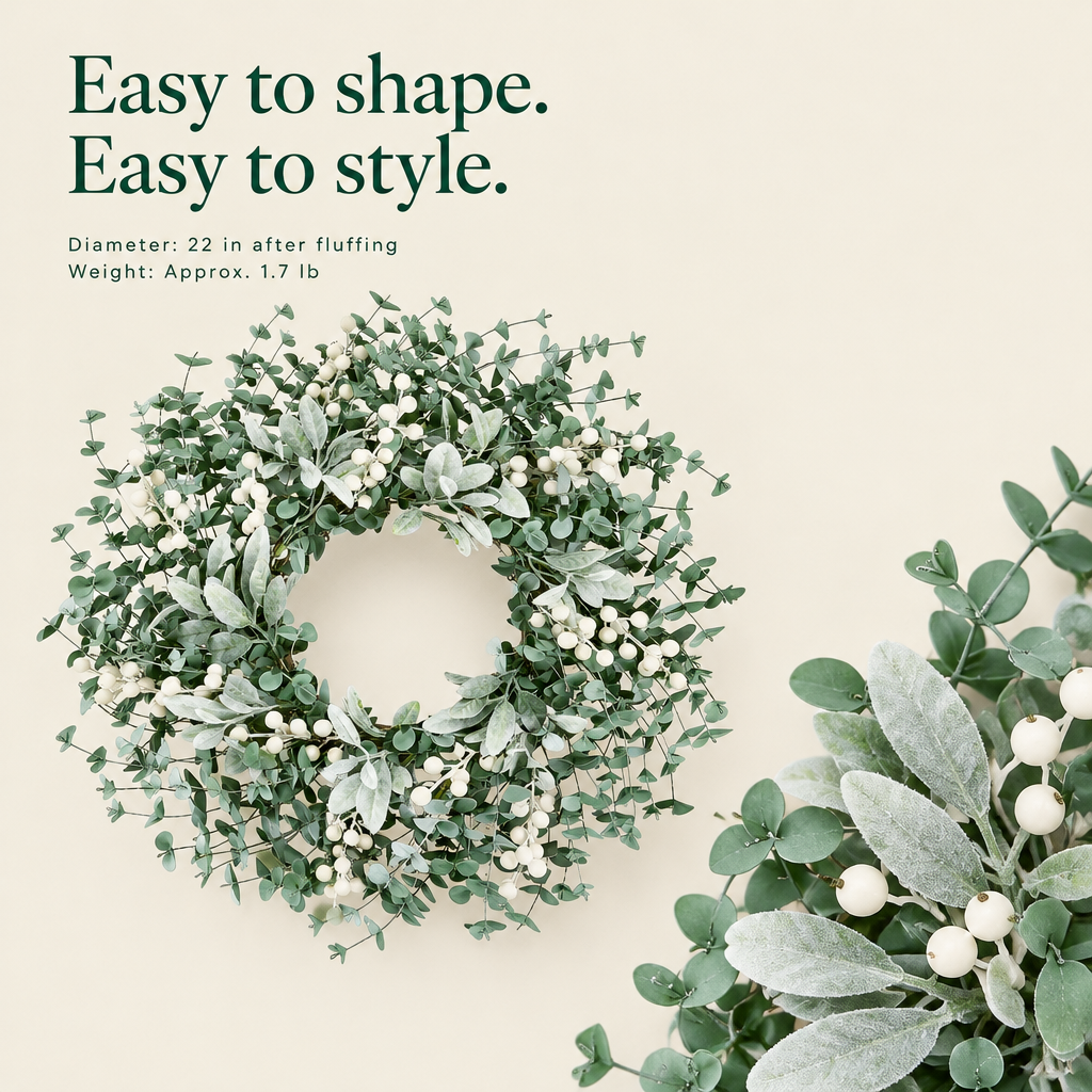 Boxwood Wreath with Flocked Lamb's Ear – 22 in — details