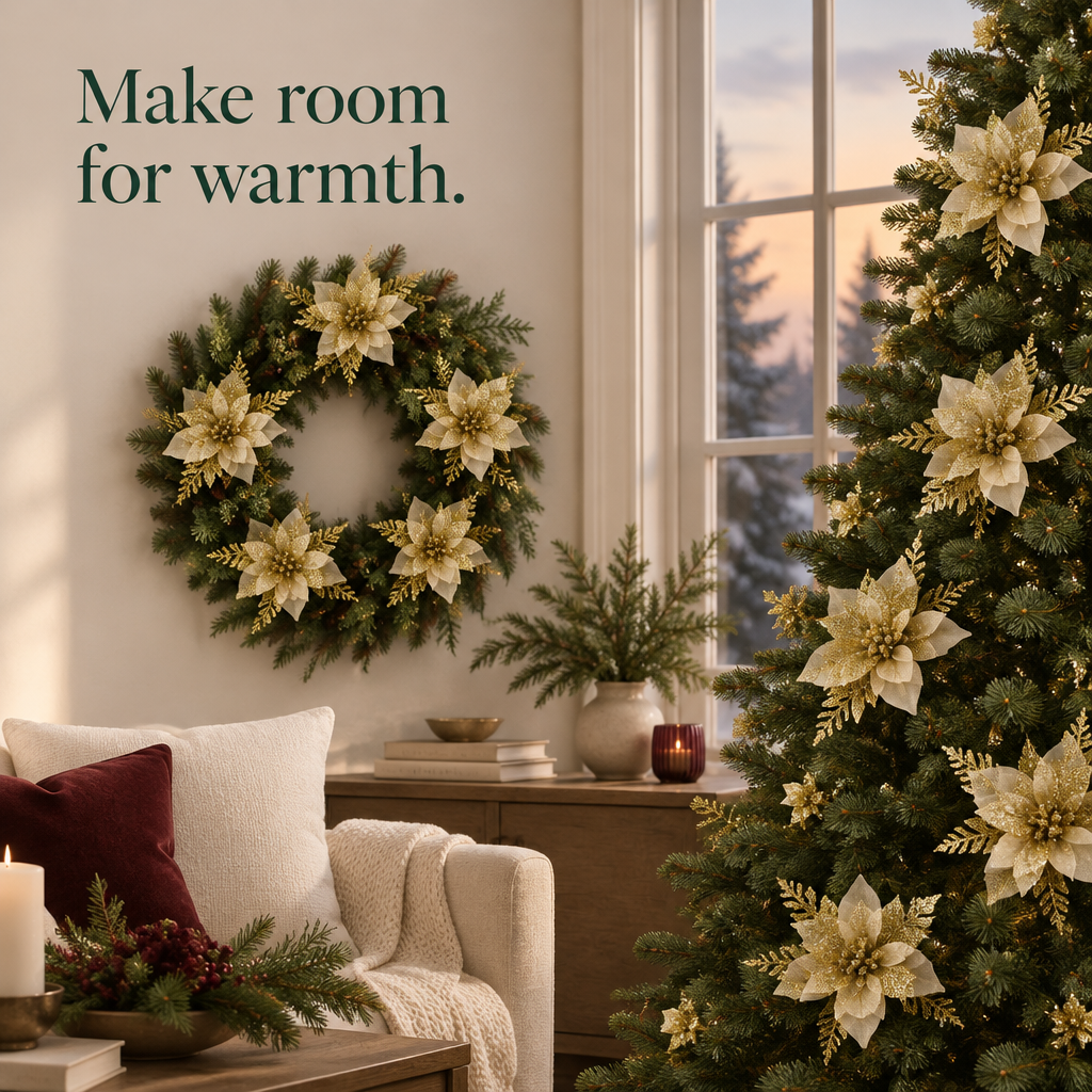 Gold Glitter Poinsettias with Clips – 15 Pack — in use