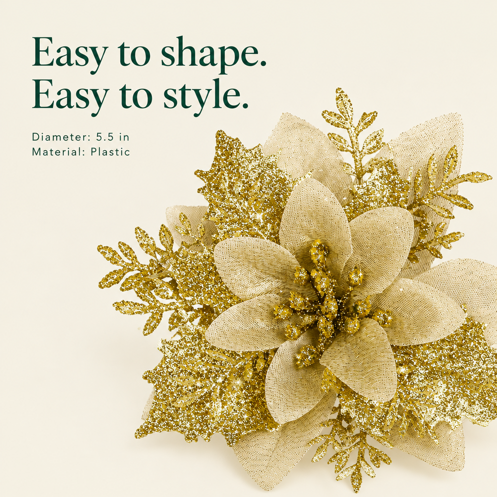 Gold Glitter Poinsettias with Clips – 15 Pack — details