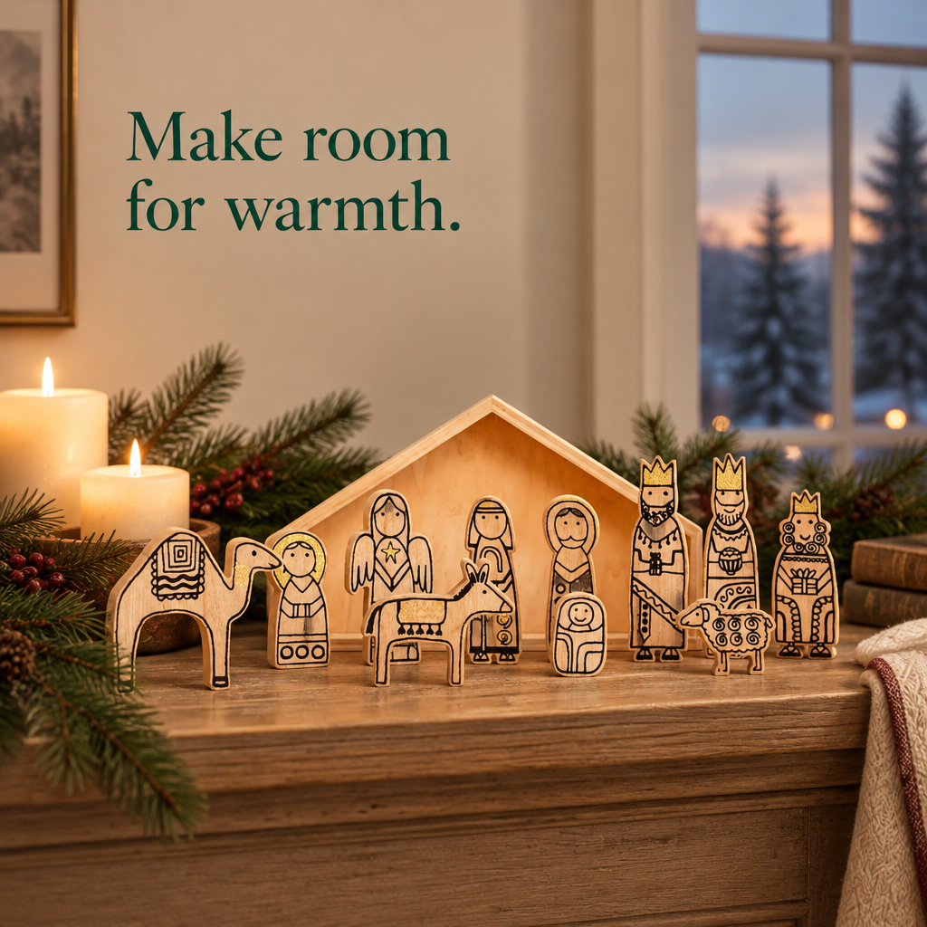 Wooden Nativity Scene – 12 Pieces, 7 in — in use