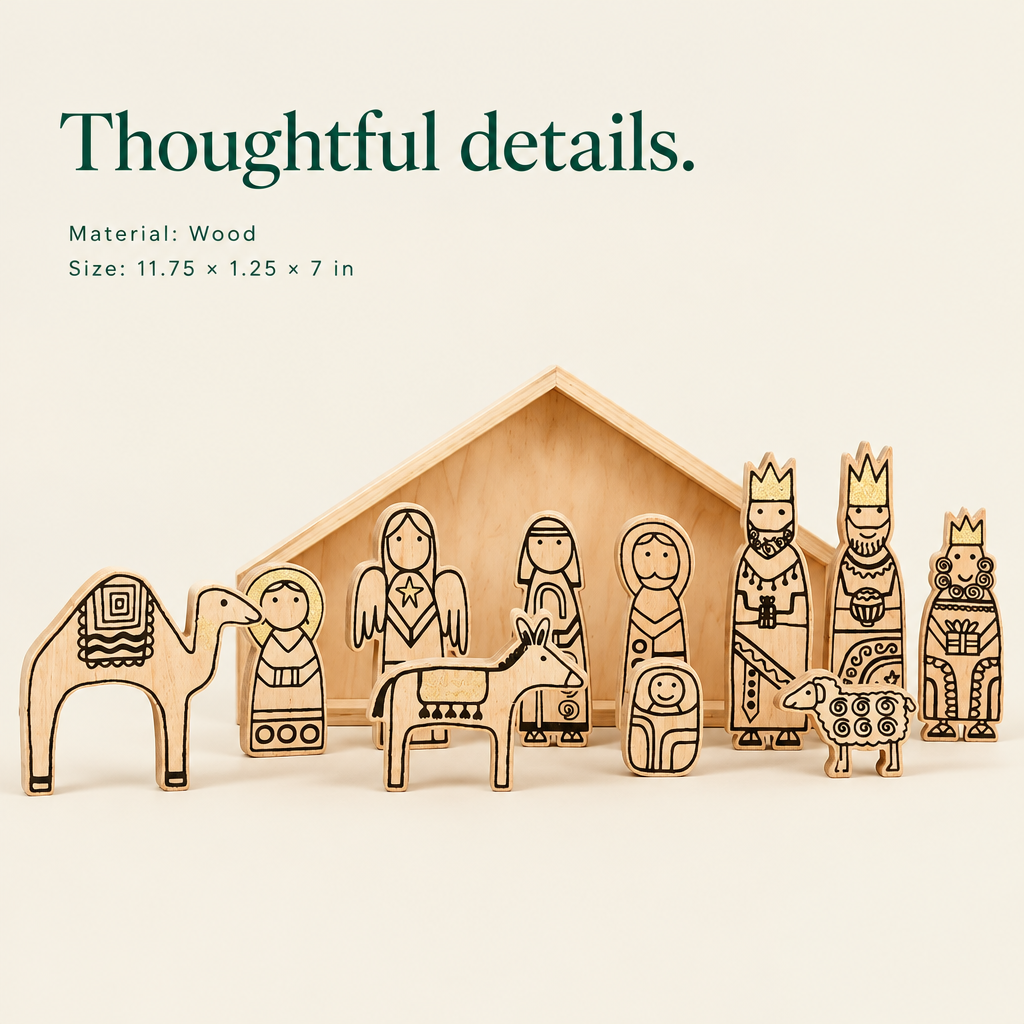 Wooden Nativity Scene – 12 Pieces, 7 in — details