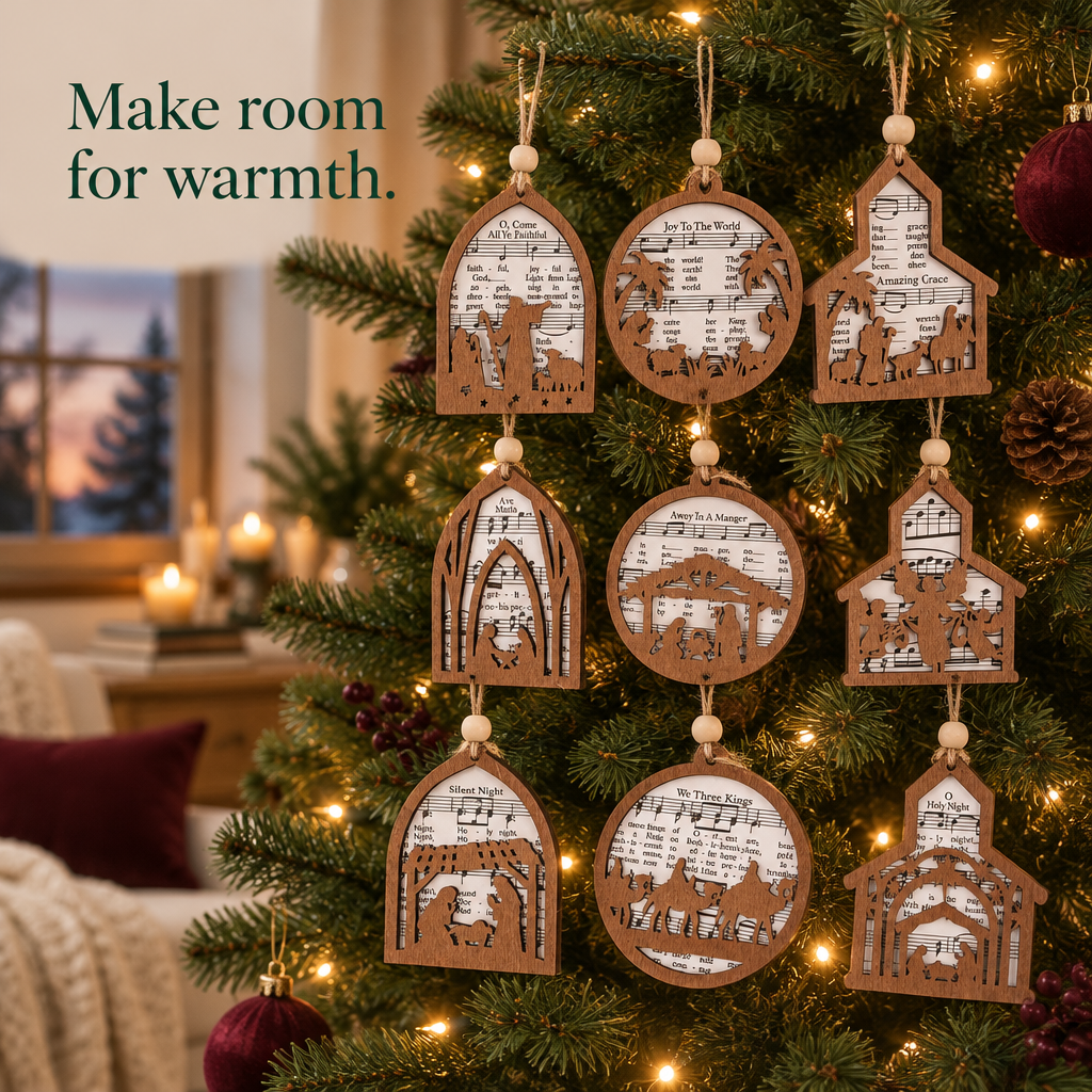 Sheet Music Nativity Ornaments – 18 Pack — in use