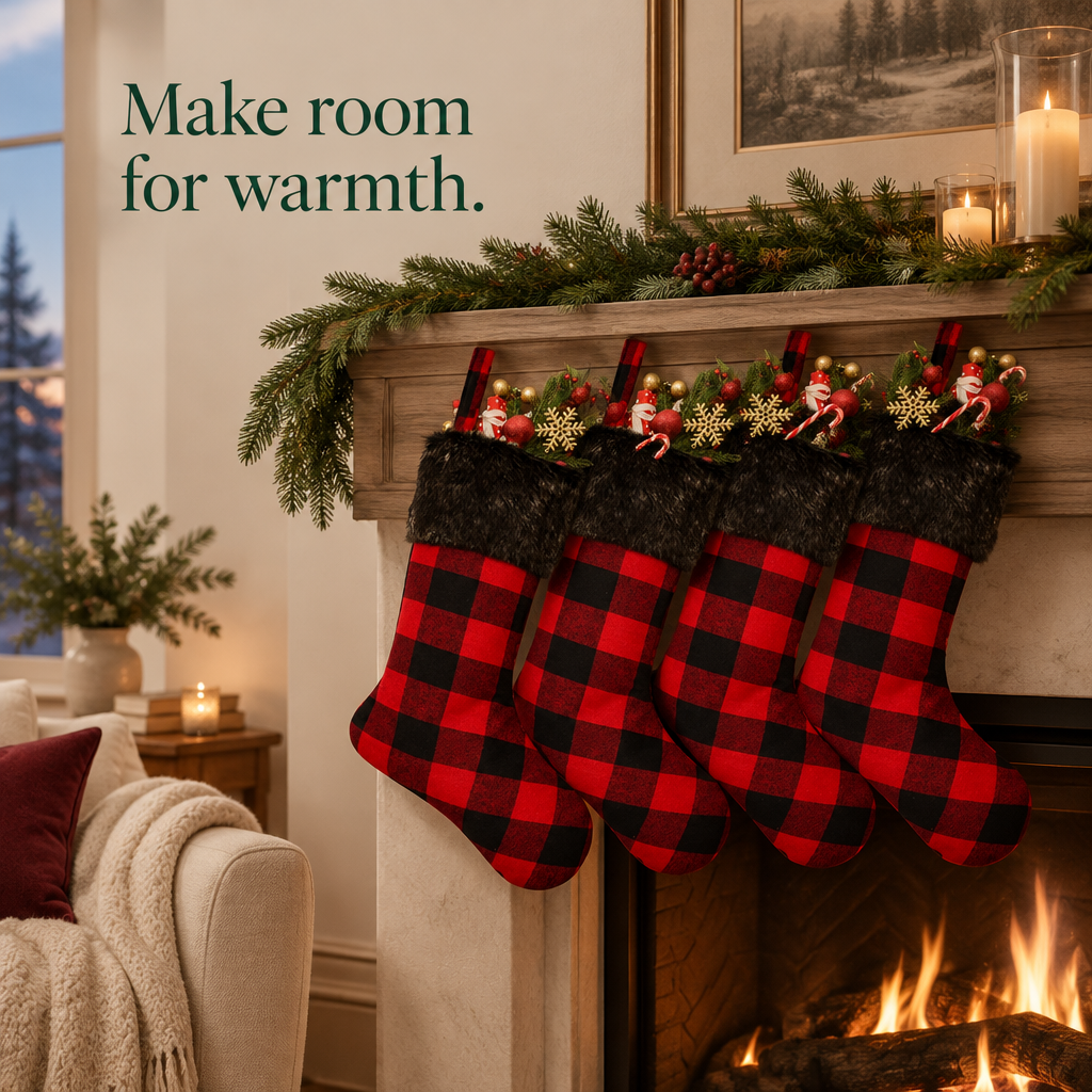 Buffalo Plaid Stockings with Faux Fur Cuff – 4 Pack, 18 in — in use