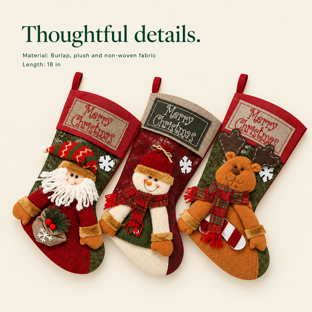 Santa, Snowman & Reindeer Stockings – 3 Pack, 18 in — details