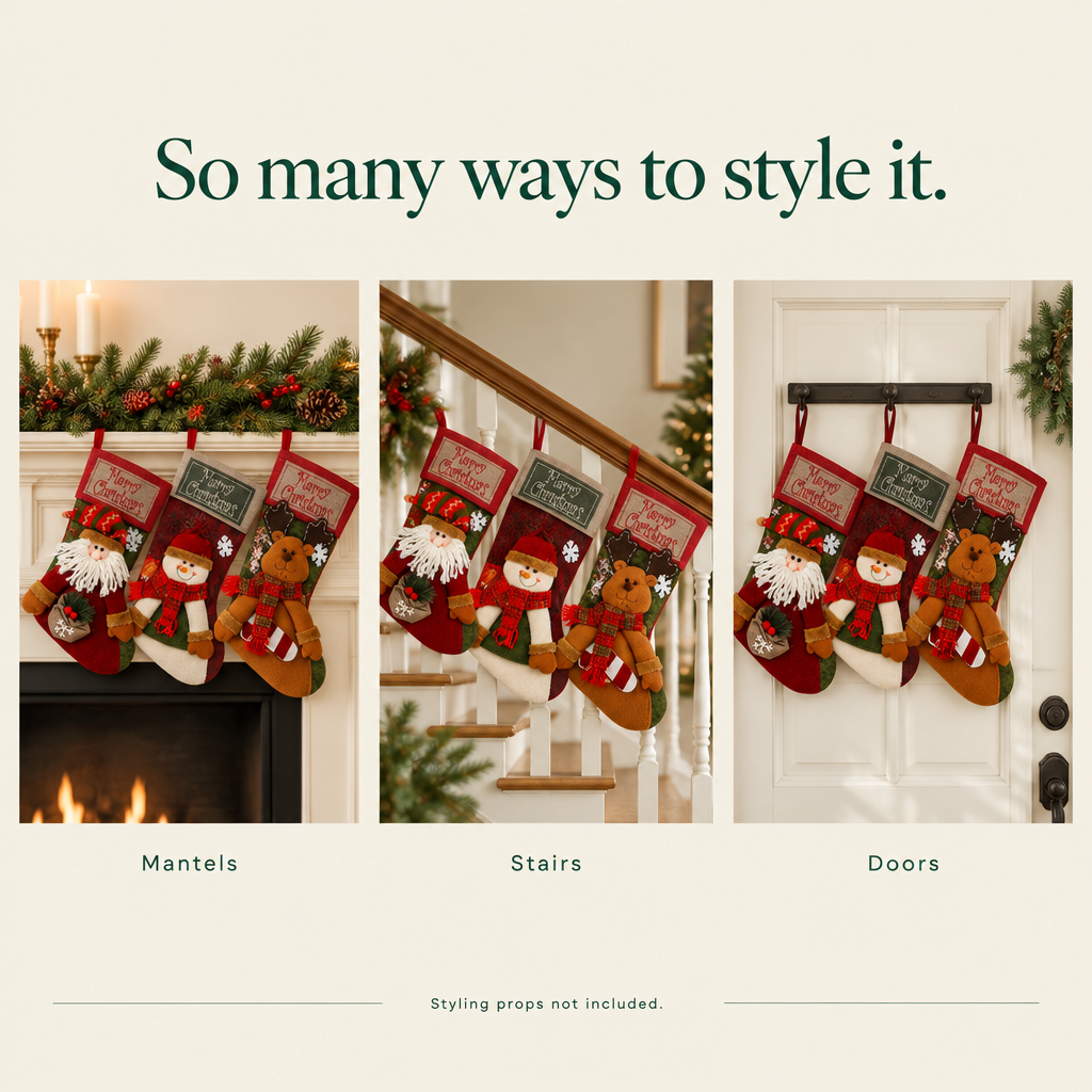 Santa, Snowman & Reindeer Stockings – 3 Pack, 18 in — styling ideas