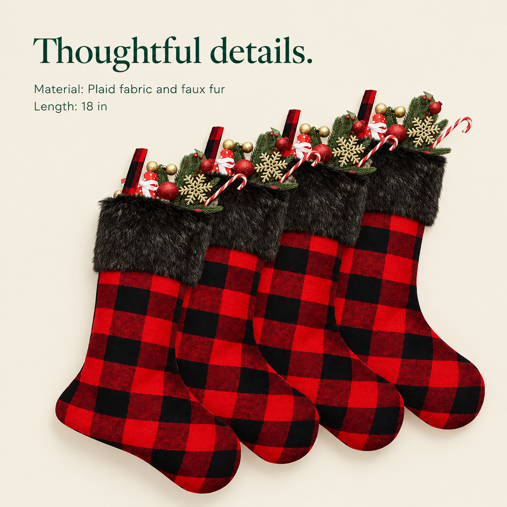 Buffalo Plaid Stockings with Faux Fur Cuff – 4 Pack, 18 in — details