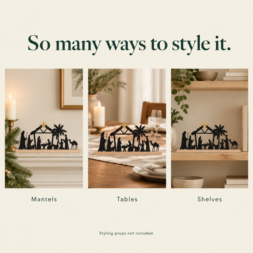Metal Nativity Silhouette with Wood Base — styling ideas