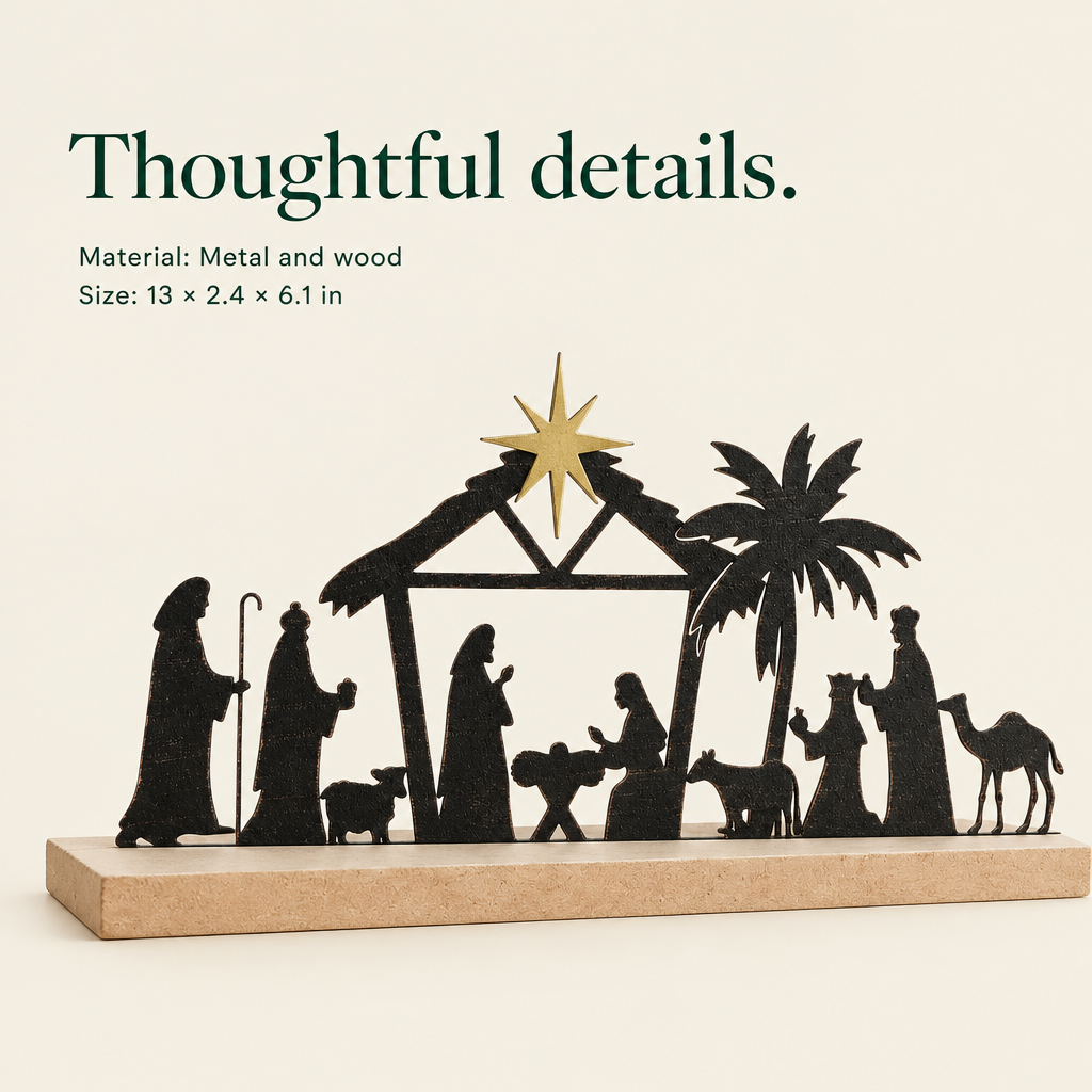Metal Nativity Silhouette with Wood Base — details