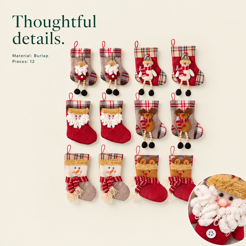 Mini 3D Burlap Stockings – 12 Pack — details