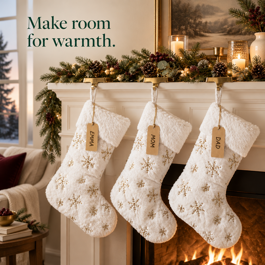 White Faux Fur Snowflake Stockings – 3 Pack — in use