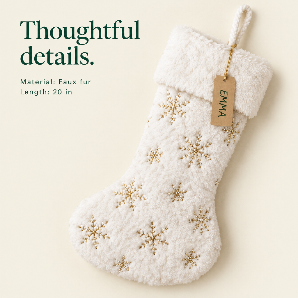 White Faux Fur Snowflake Stockings – 3 Pack — details