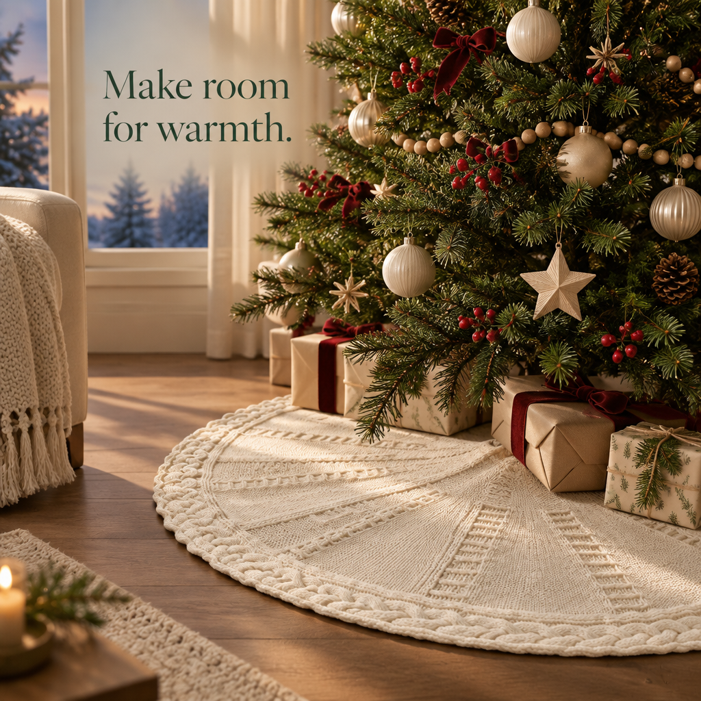 Cream Cable Knit Tree Skirt – 48 in — in use