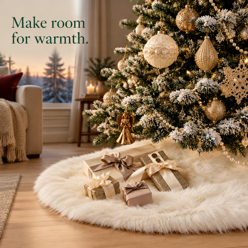 White Faux Fur Tree Skirt – 48 in — in use