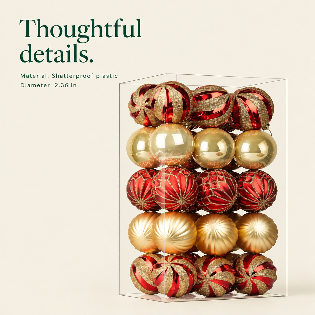 Red & Gold Ball Ornaments – 30 Pack — details
