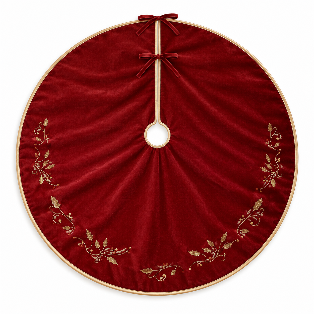 Red Velvet Tree Skirt with Gold Holly – 48 in — product