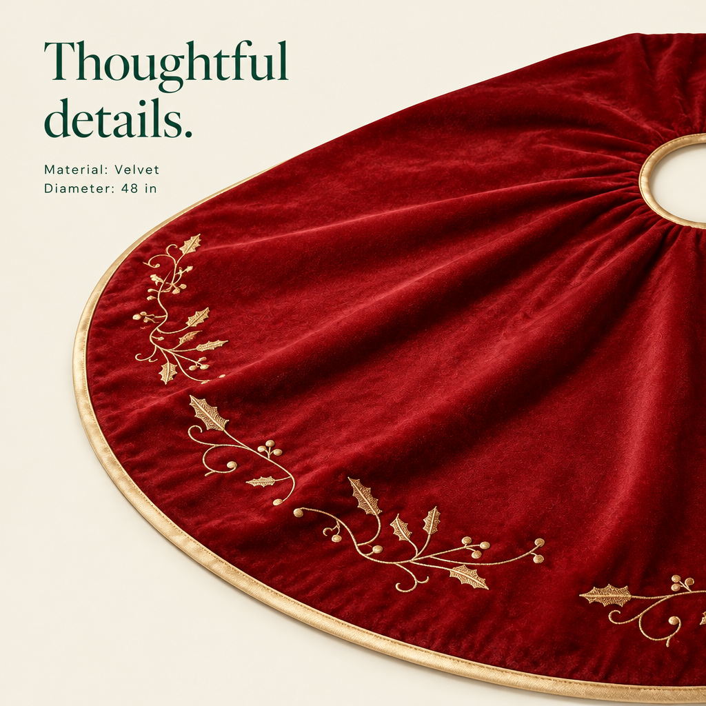 Red Velvet Tree Skirt with Gold Holly – 48 in — details