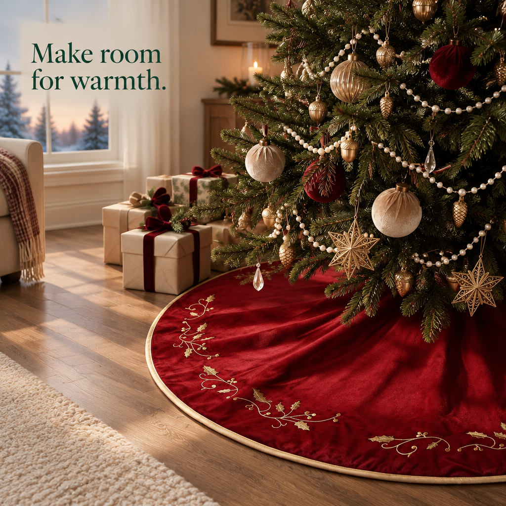 Red Velvet Tree Skirt with Gold Holly – 48 in — in use