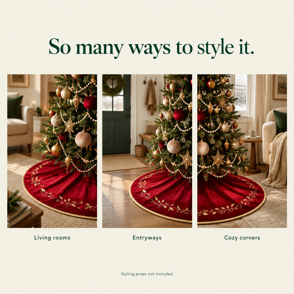 Red Velvet Tree Skirt with Gold Holly – 48 in — styling ideas