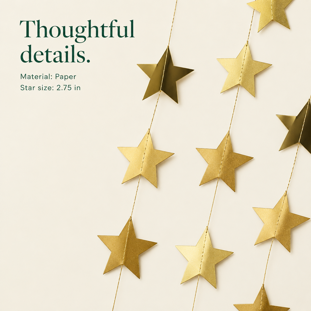 Gold Glitter Star Garland – 10 Strands, 13 ft — details