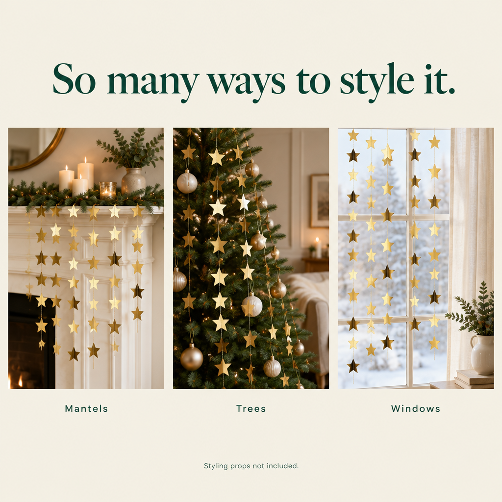 Gold Glitter Star Garland – 10 Strands, 13 ft — styling ideas