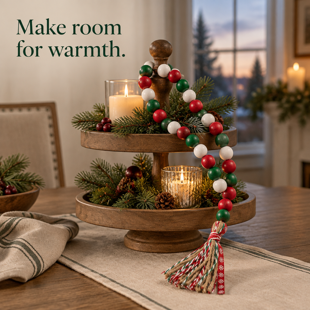 Wood Bead Garland with Tassels – 32 in — in use