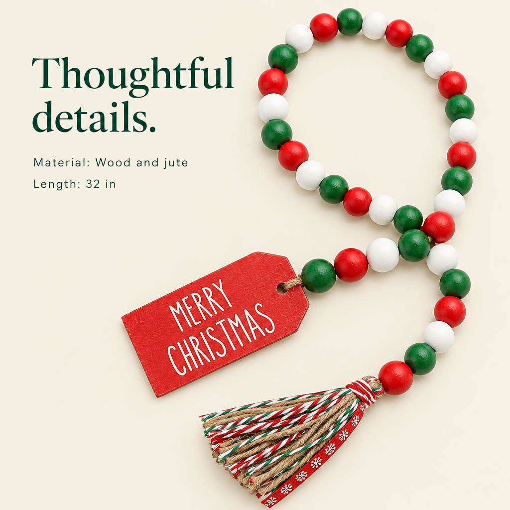 Wood Bead Garland with Tassels – 32 in — details