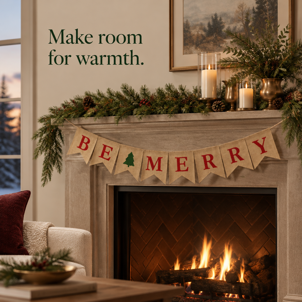 Be Merry Burlap Banner — in use