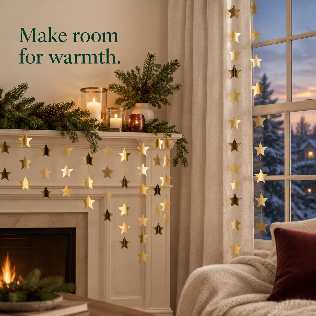 Gold Glitter Star Garland – 10 Strands, 13 ft — in use