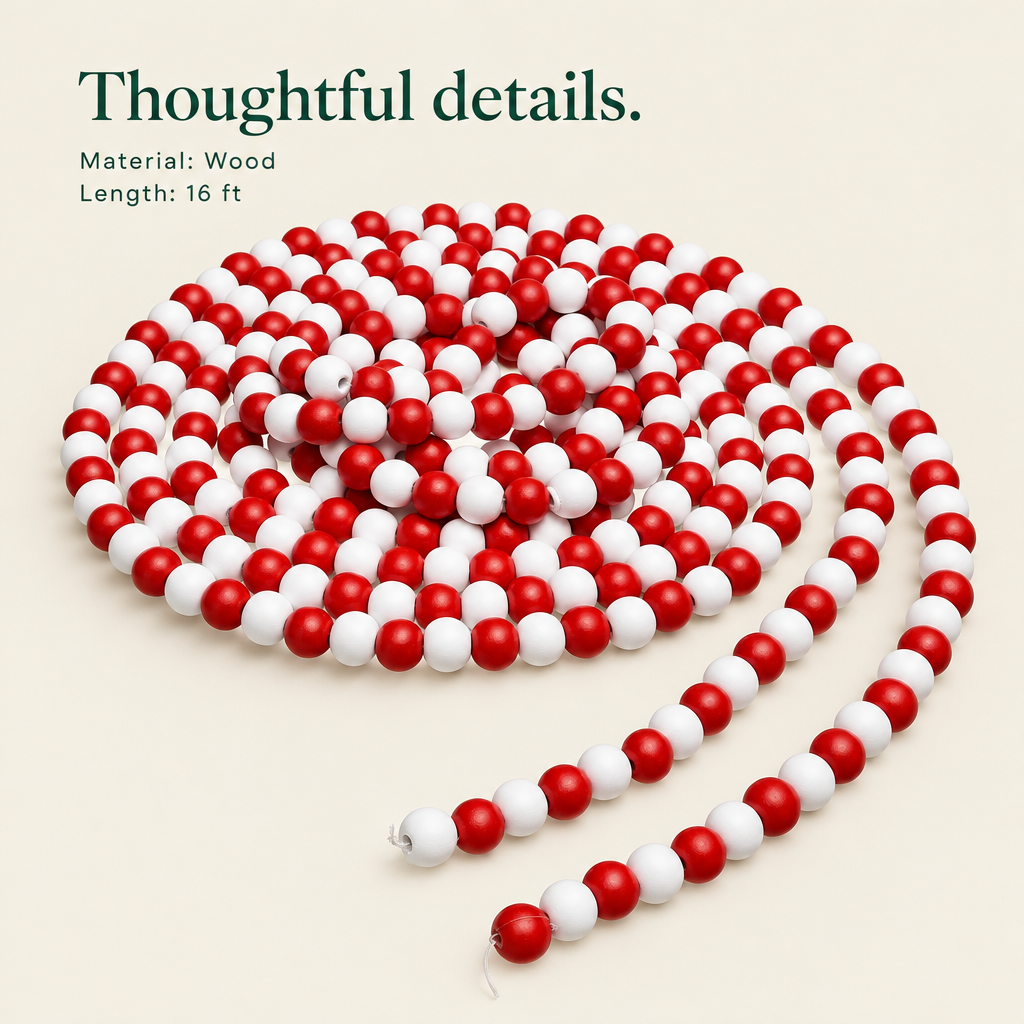 Red & White Wood Bead Garland – 16 ft — details