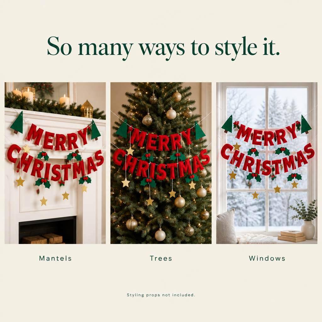Merry Christmas Banner with Holly & Gold Stars — styling ideas
