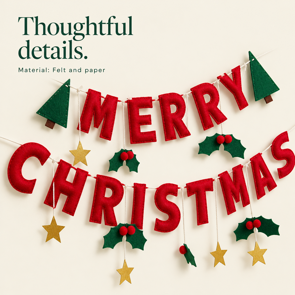 Merry Christmas Banner with Holly & Gold Stars — details