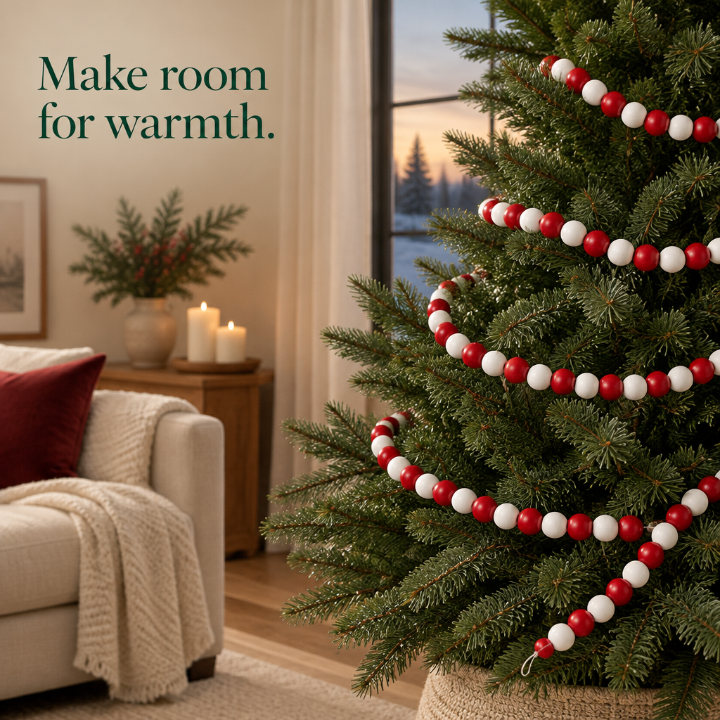 Red & White Wood Bead Garland – 16 ft — in use