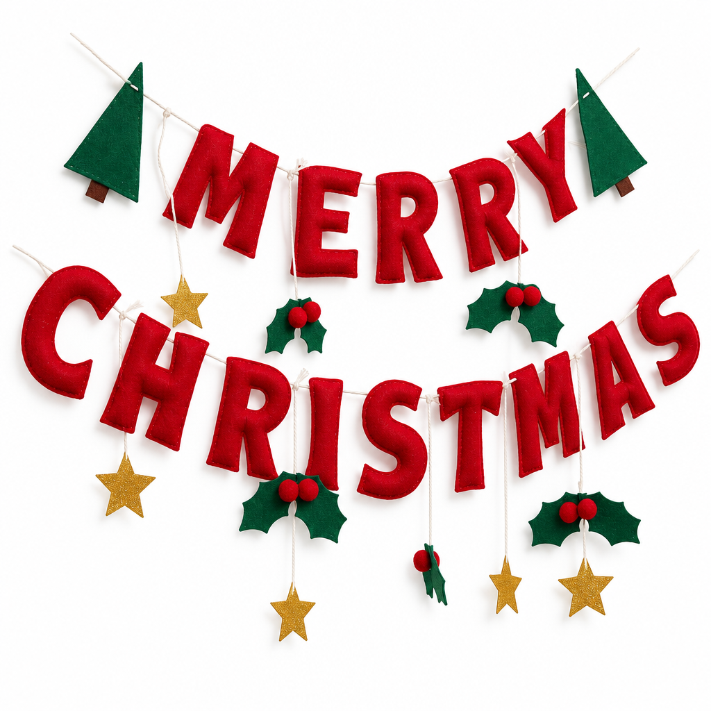 Merry Christmas Banner with Holly & Gold Stars — product