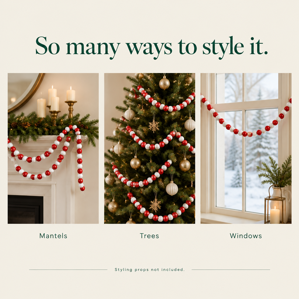 Red & White Wood Bead Garland – 16 ft — styling ideas