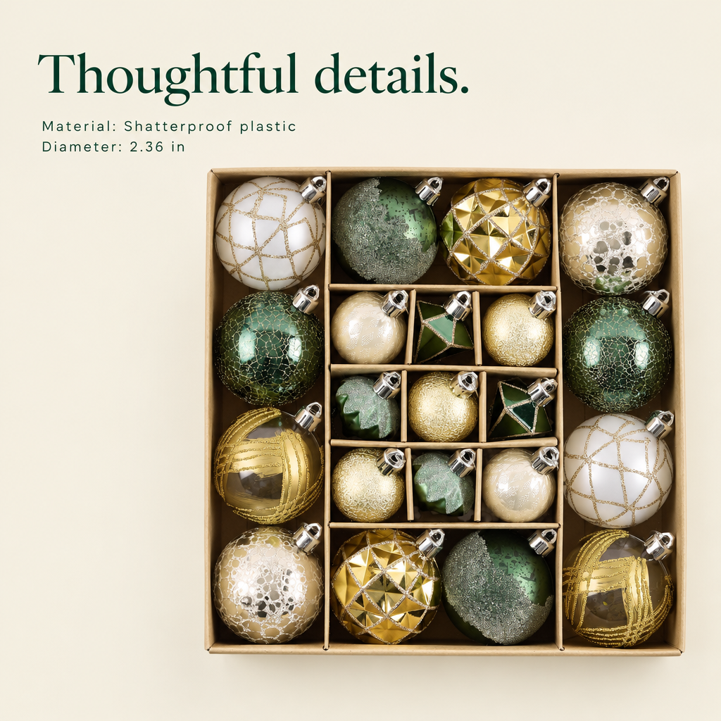 Emerald & Gold Ornament Set – 21 Pieces — details