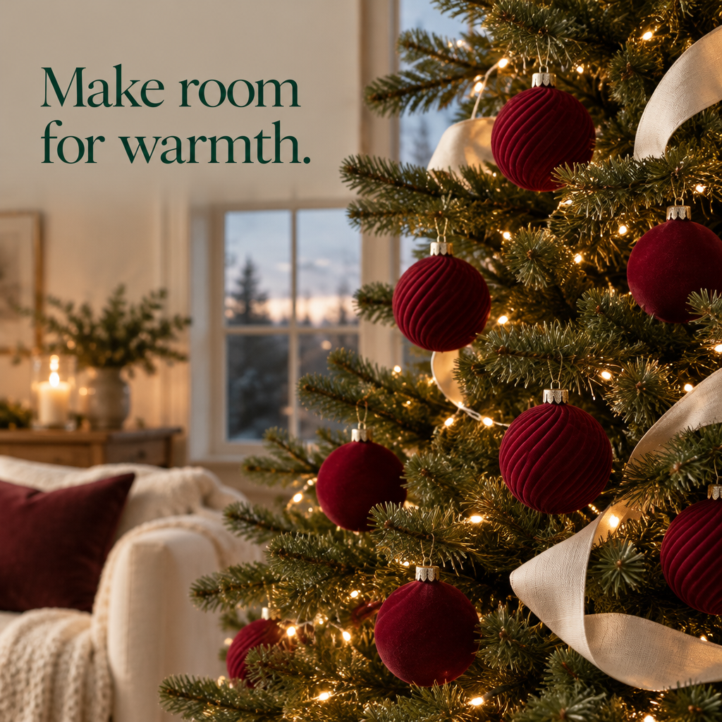 Burgundy Velvet Ball Ornaments – 12 Pack — in use