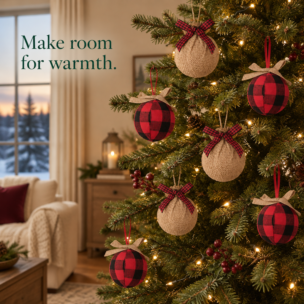 Buffalo Plaid Burlap Ornaments – 12 Pack — in use
