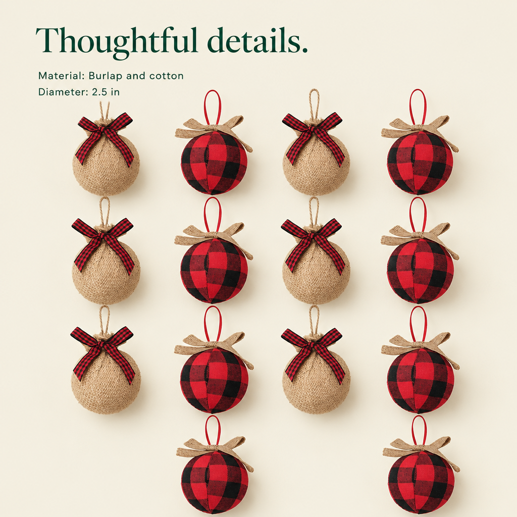 Buffalo Plaid Burlap Ornaments – 12 Pack — details