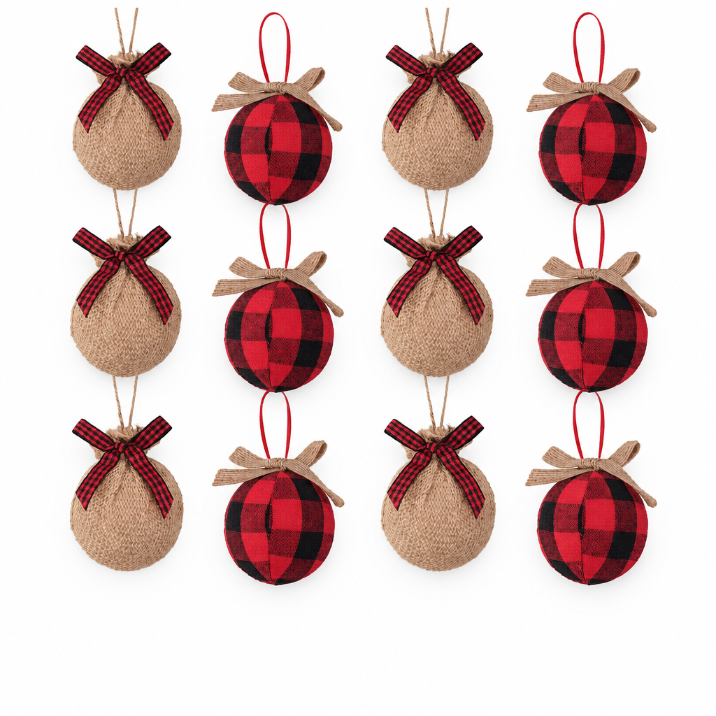 Buffalo Plaid Burlap Ornaments – 12 Pack — product